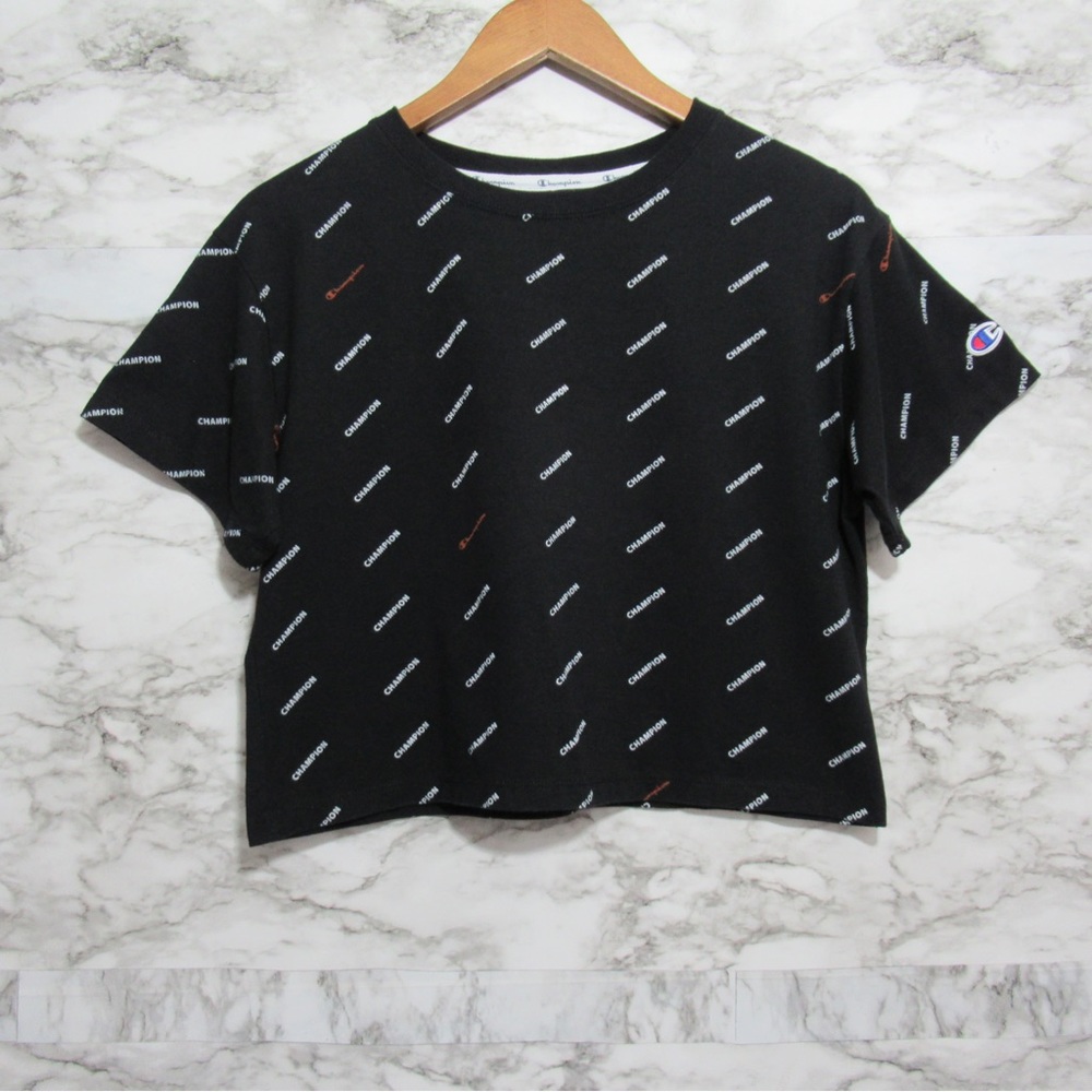 Champion Black All over Logo Cropped Tee Size Small